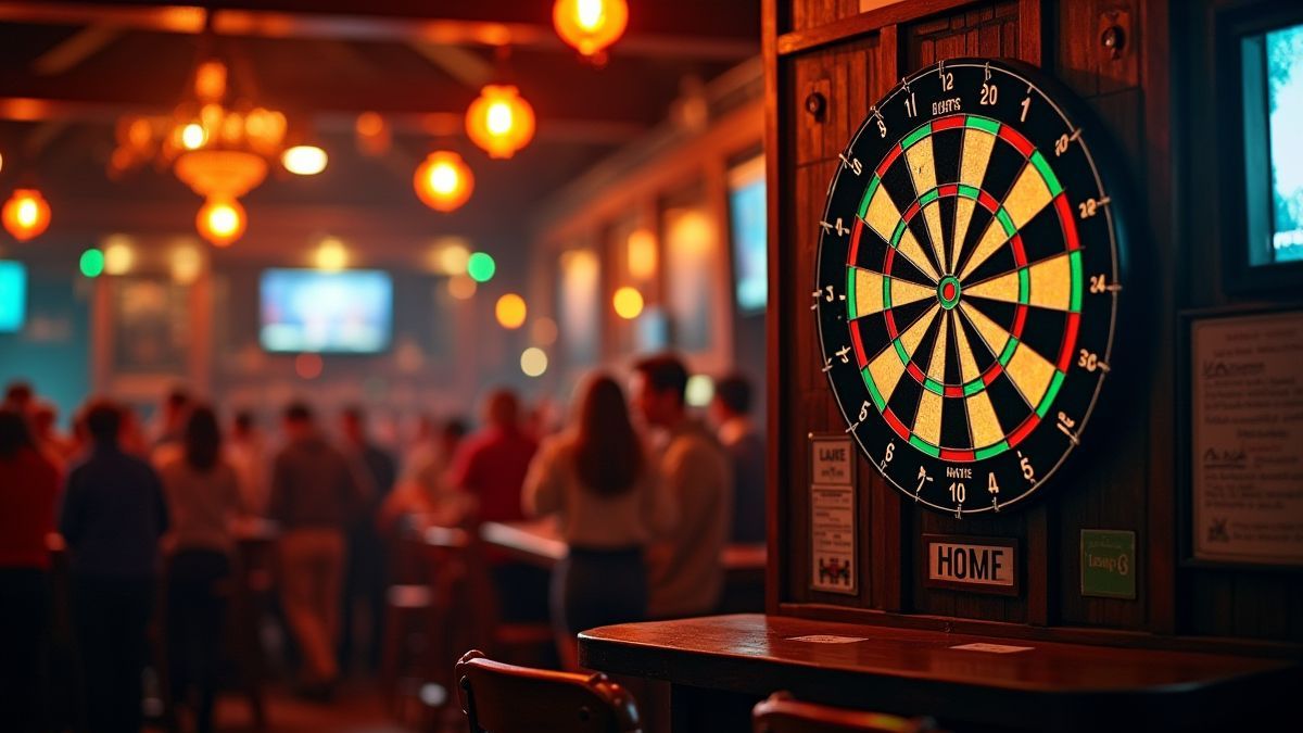 Dartbord in een pub met helder licht en een juichende menigte.