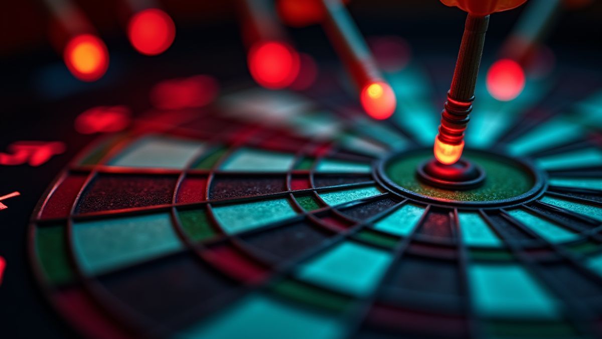 Dartbord met heldere details en darten in beweging.