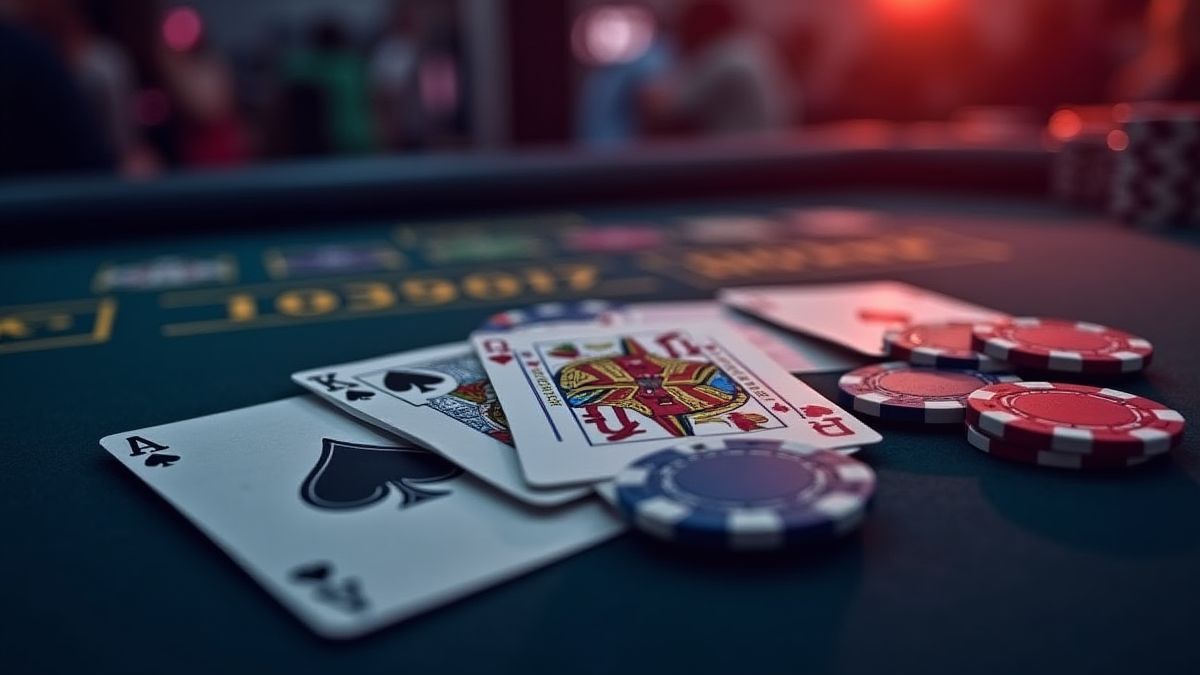 Poker cards and chips on a casino table under dim lighting.