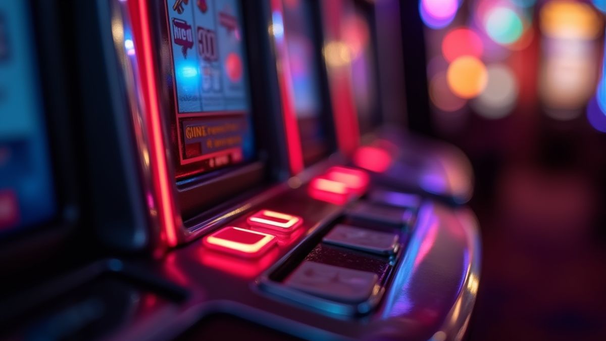 Lever of a slot machine being activated in a casino.