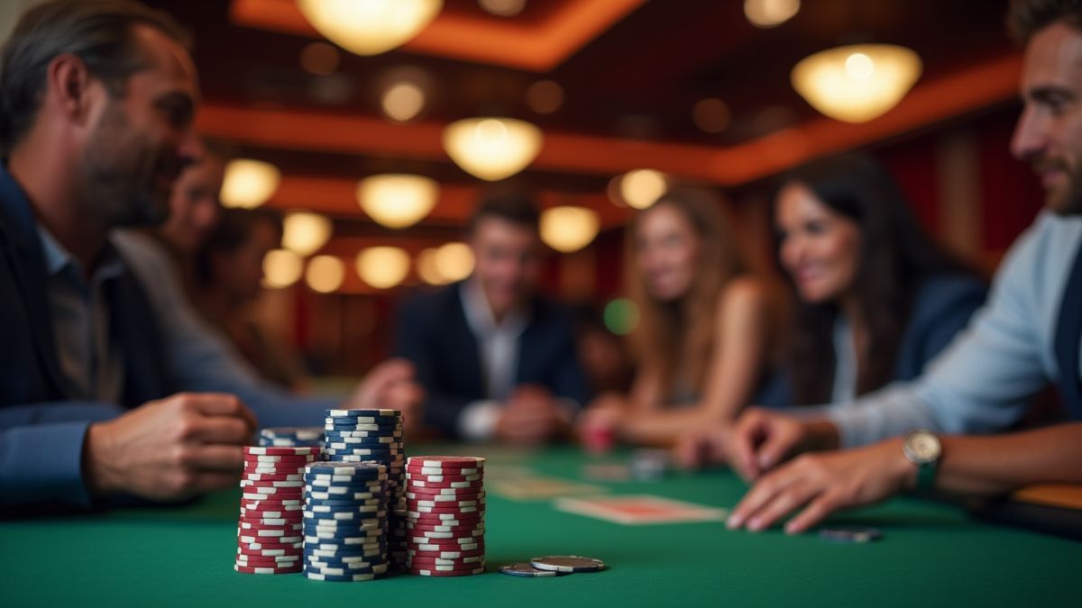 Players at a poker table in a casino, with stacked chips.