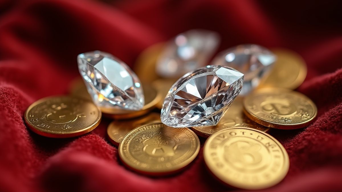 Brilliant diamonds surrounded by gold coins