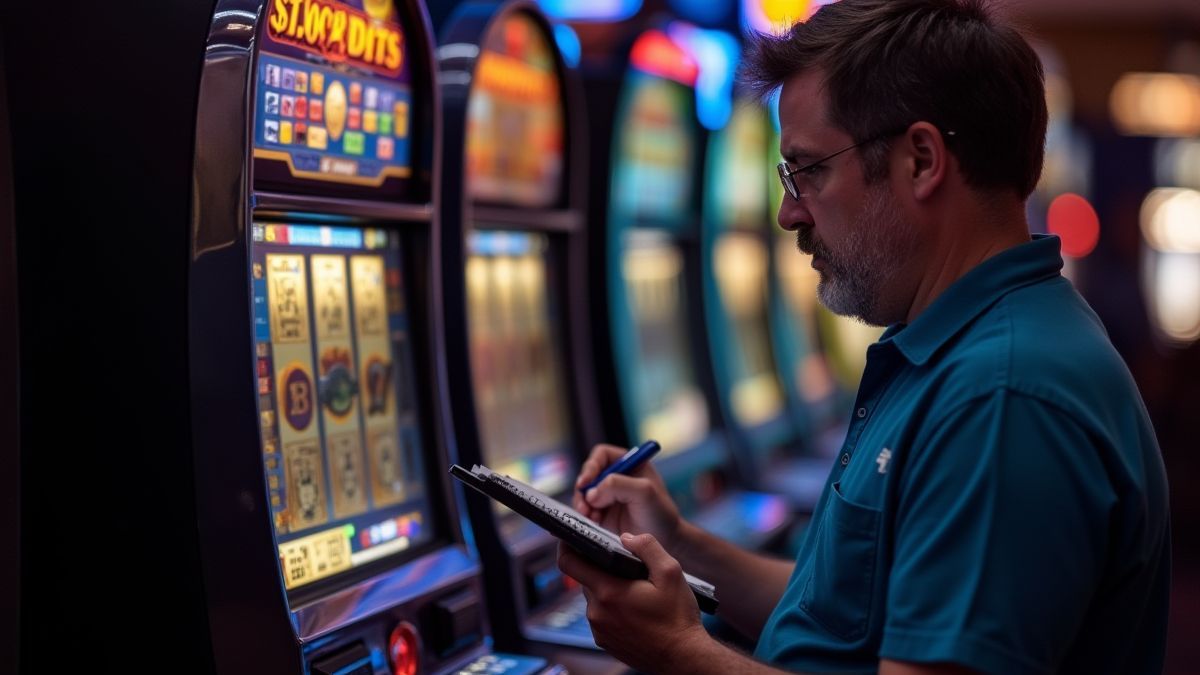 Player analyzing a slot machine with a calculator