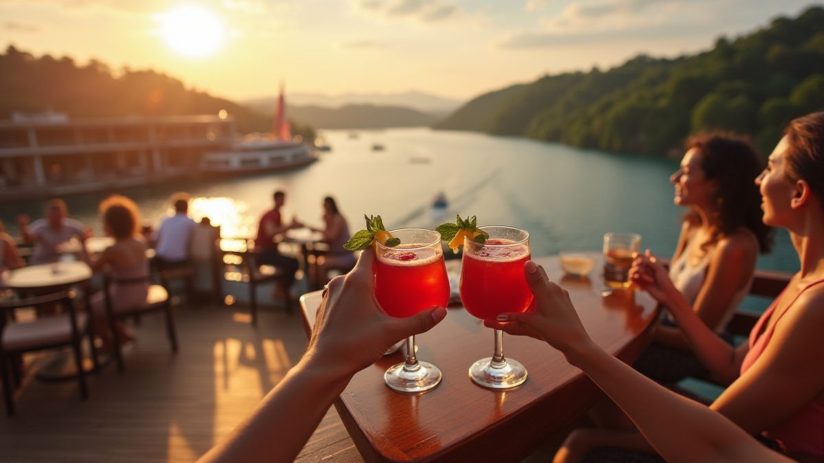 Deck eines Dampfers mit Passagieren, die Cocktails genießen.