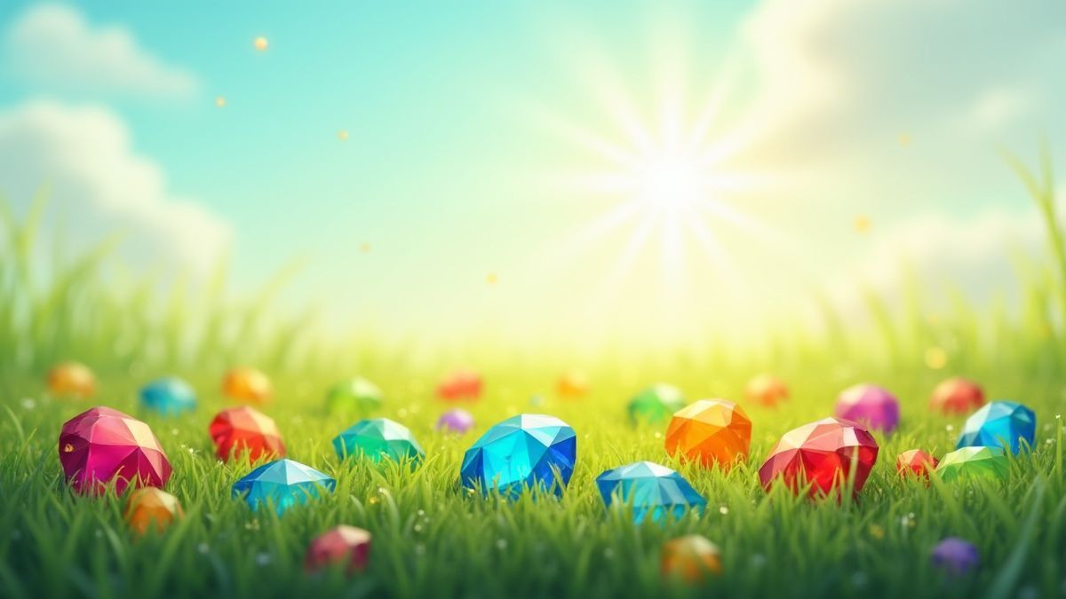 Gemas coloridas en un campo verde bajo un cielo brillante.