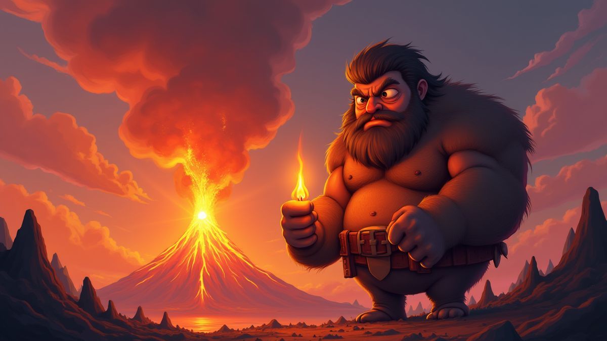 Un gigante calentando sus manos cerca de un volcán en erupción.