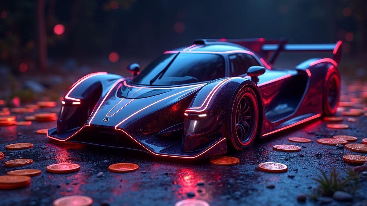 Ein Rennwagen umgeben von leuchtenden Münzen auf einer Straße.