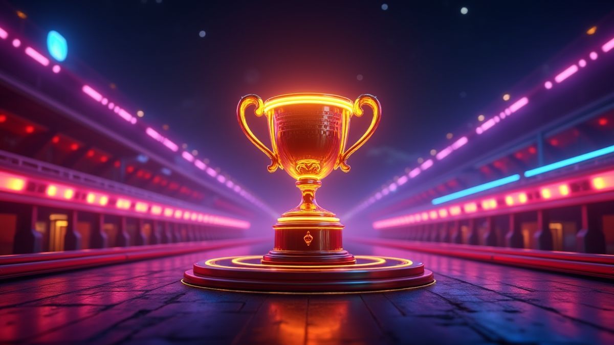 Eine beleuchtete Rennstrecke mit einem leuchtenden Jackpot-Tropäe in der Mitte.