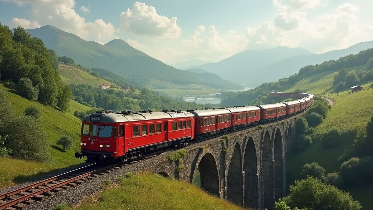 Um trem europeu cruzando um paisagem pitoresca.