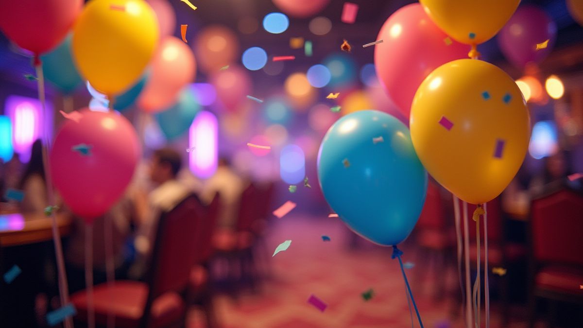 Uma cena de festa vibrante com globos e confete em um ambiente tipo cassino.