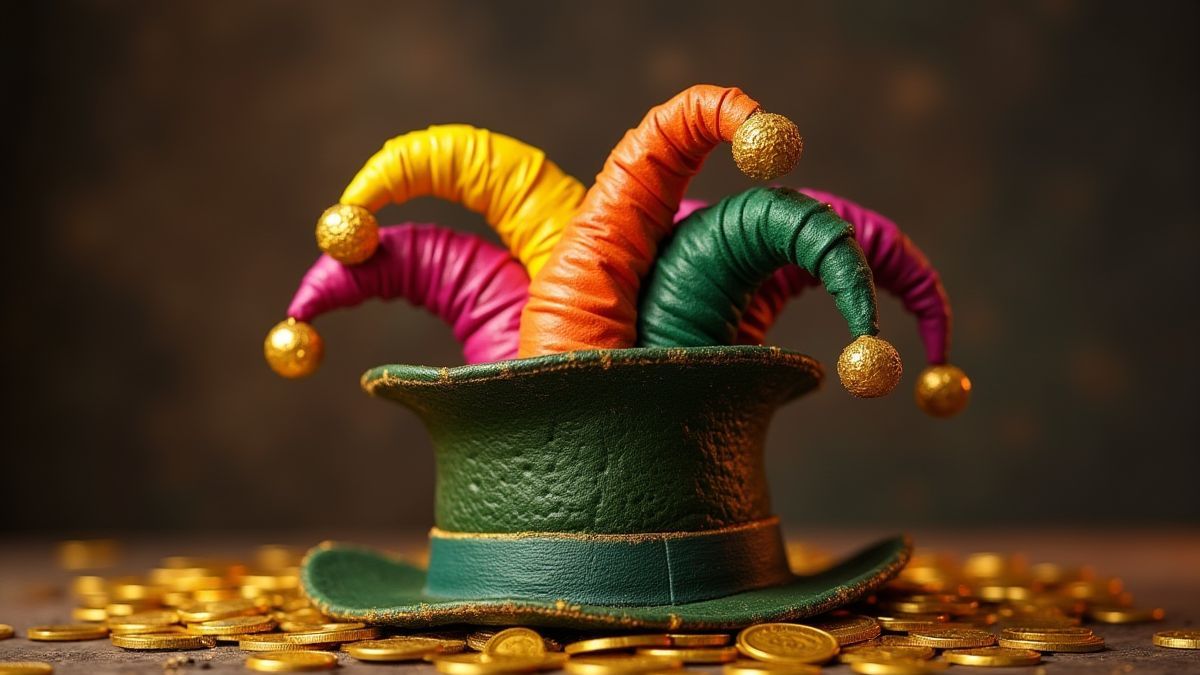 Sombrero de bufón rodeado de monedas doradas.
