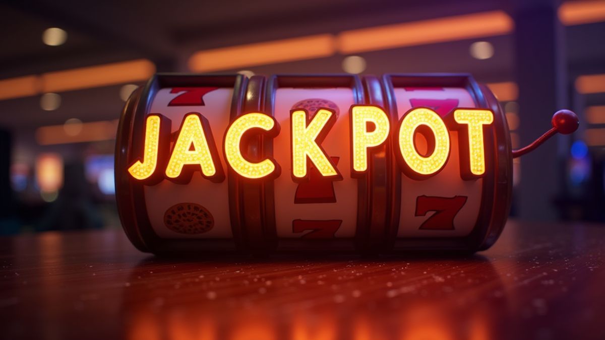 Carretes de tragaperras girando con un cartel de jackpot brillante al fondo.