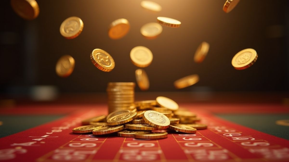 Monedas doradas cayendo sobre una mesa de casino.