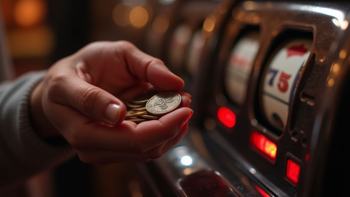 Um jogador segurando moedas em frente a uma máquina caça-níqueis clássica.