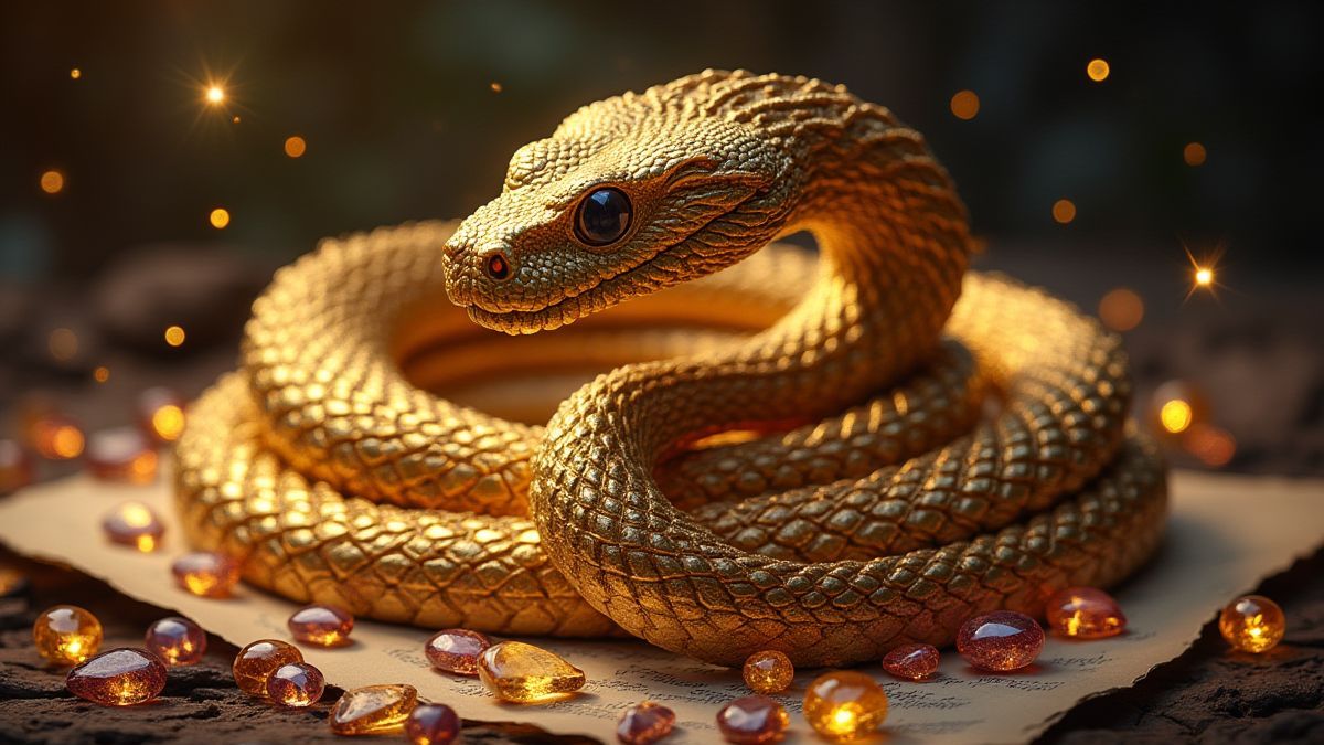 Cobra dourada rodeada de joias e pergaminhos antigos.
