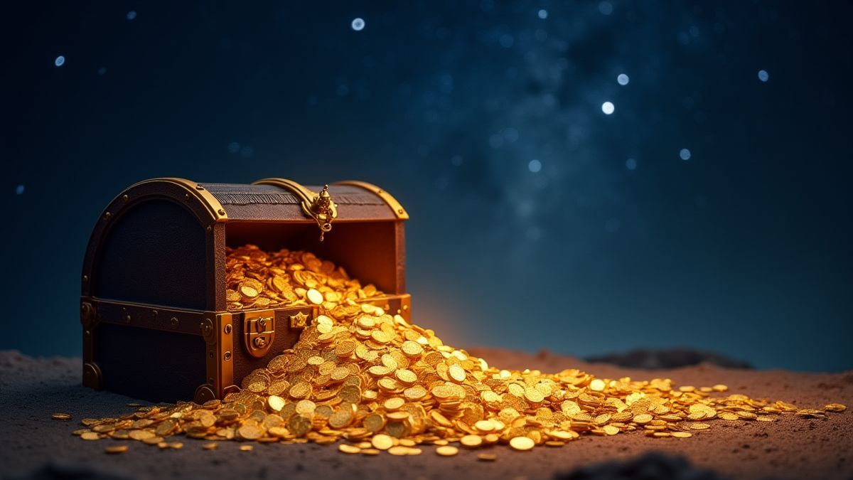 Moedas de ouro derramando-se de um cofre do tesouro sob um céu estrelado.