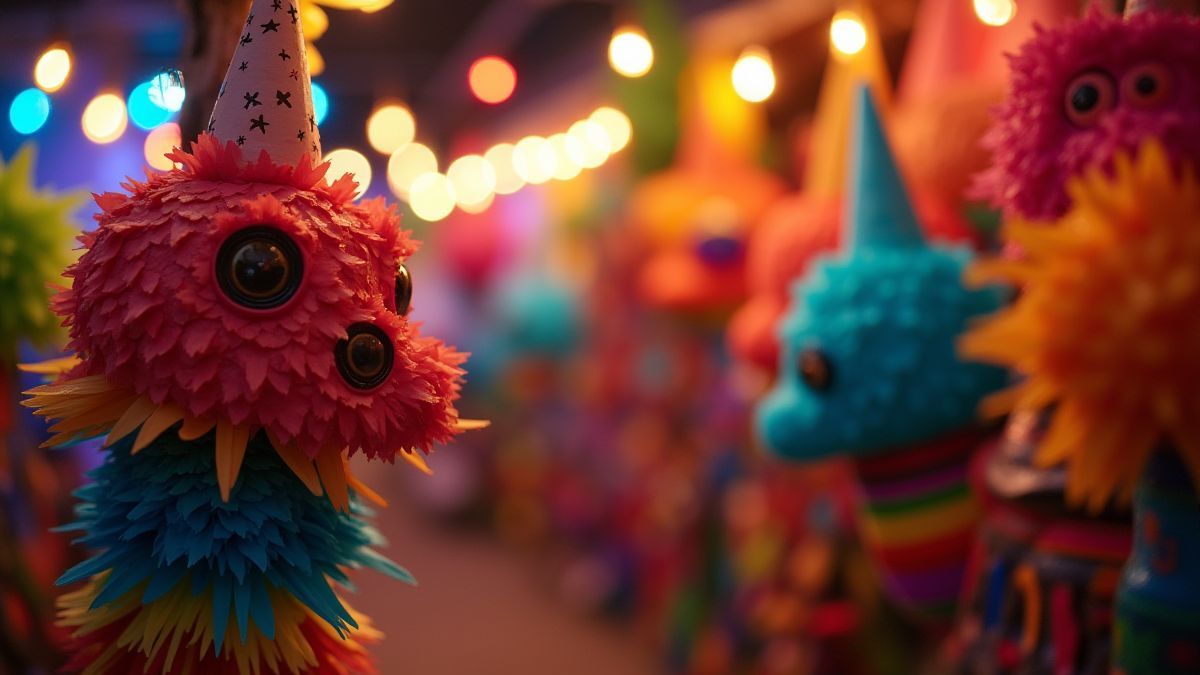 Festa mexicana com piñatas e luzes festivas.
