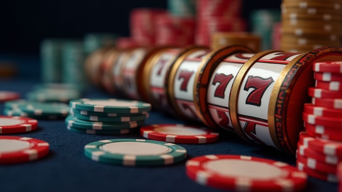 Fichas de casino e rolos de slot.