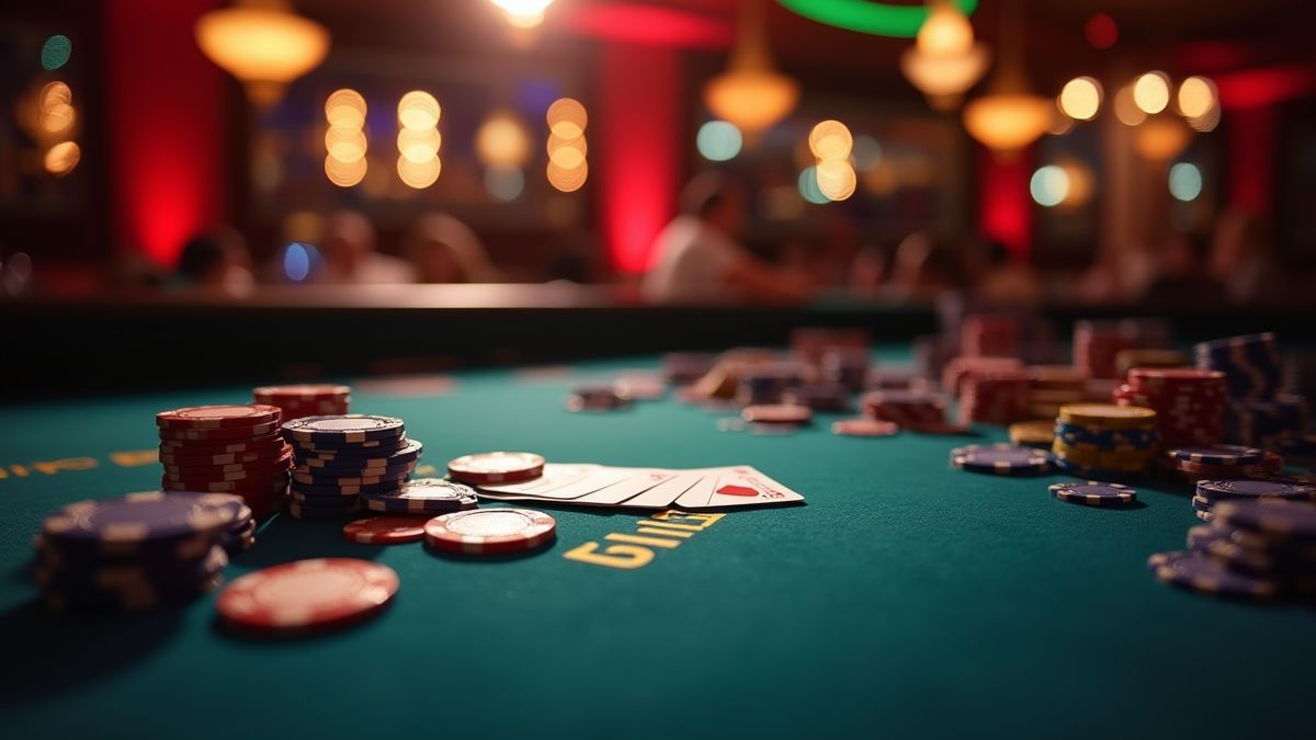 Table de poker avec des jetons et des cartes illuminée par des lumières de casino.