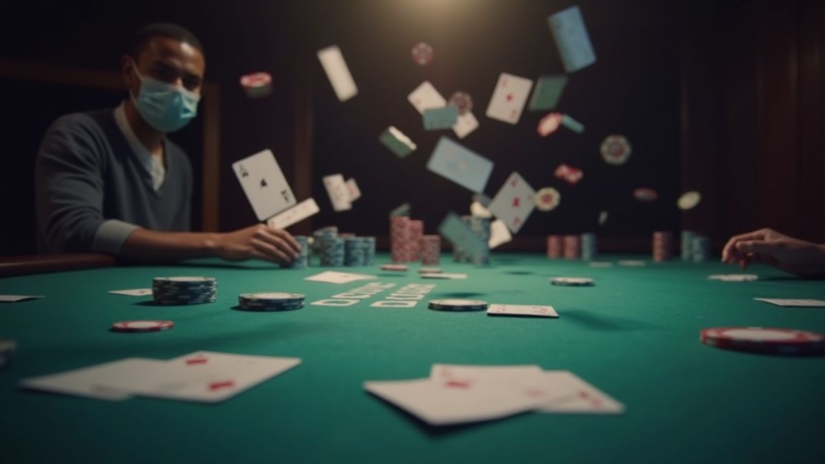 Cartes et jetons volants sur une table de poker en mouvement.