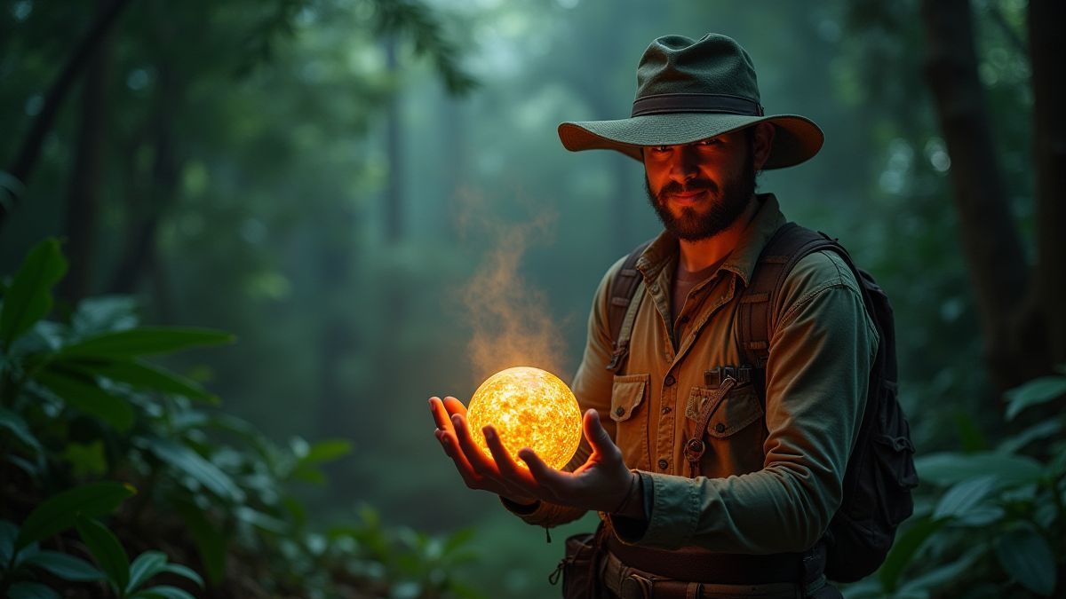 Ein Schatzjäger in einem Dschungel, der ein antikes Artefakt hält, das mit Licht leuchtet.