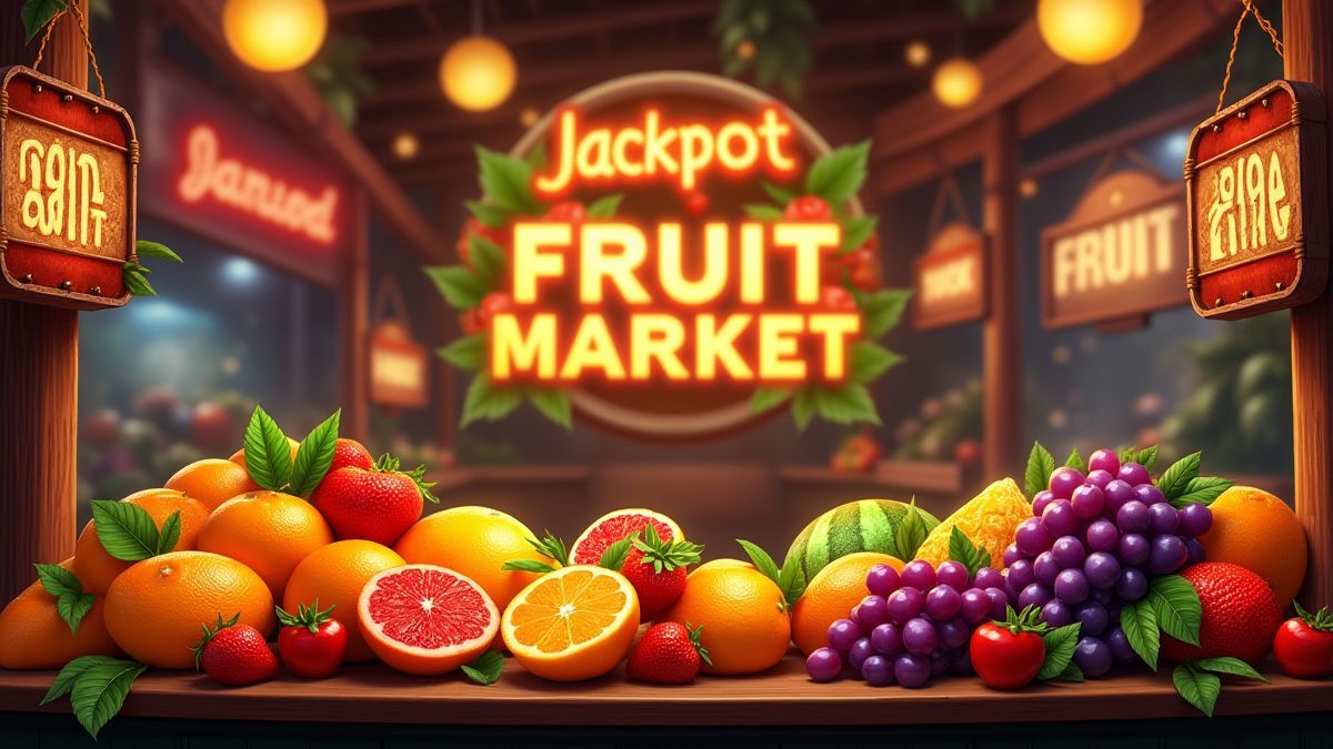 Mercado de frutas colorido con señales de jackpot.