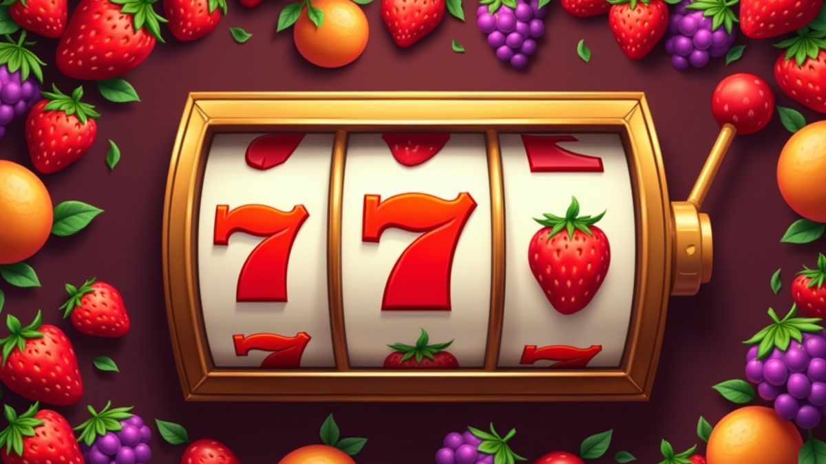 Diseño clásico de máquina tragamonedas rodeada de frutas.
