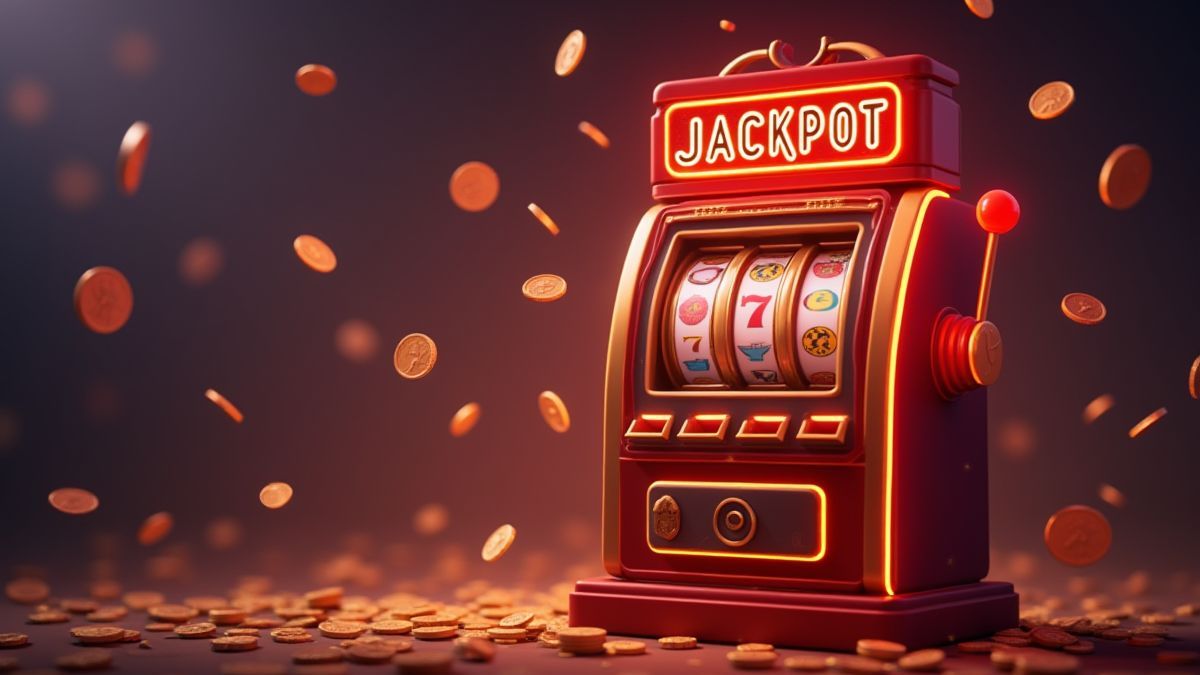 Geanimeerde scène met glanzende jackpot-symbolen en vliegende munten.
