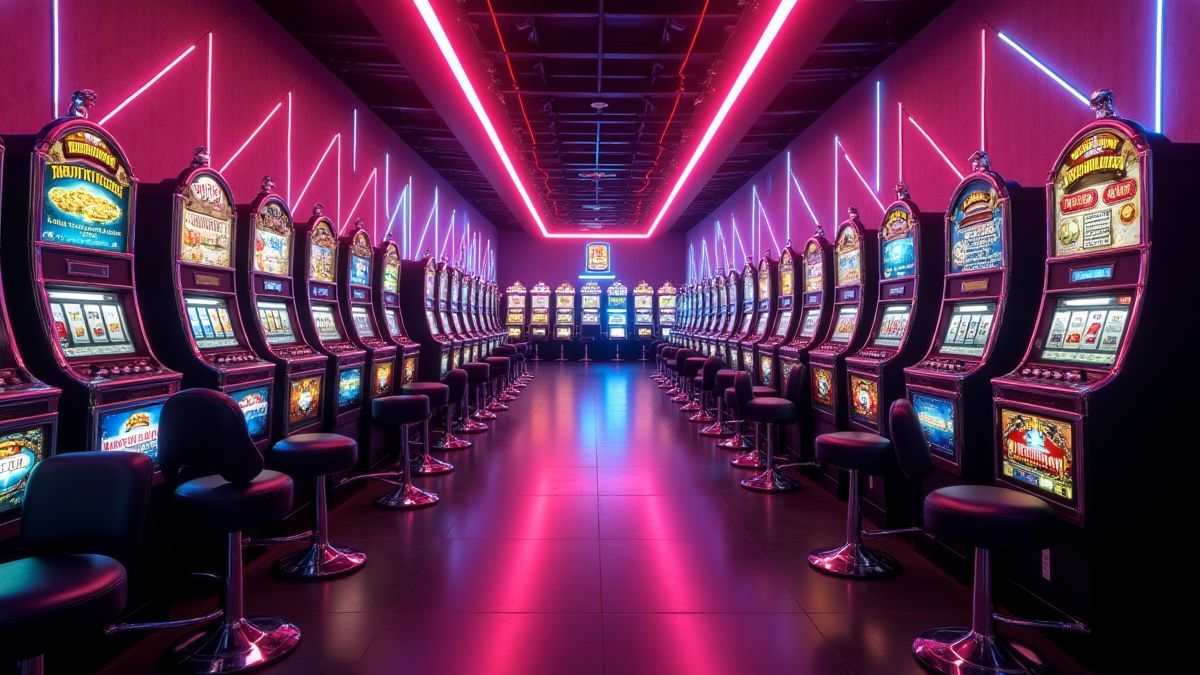 Casino retro con máquinas tragamonedas y luces de neón