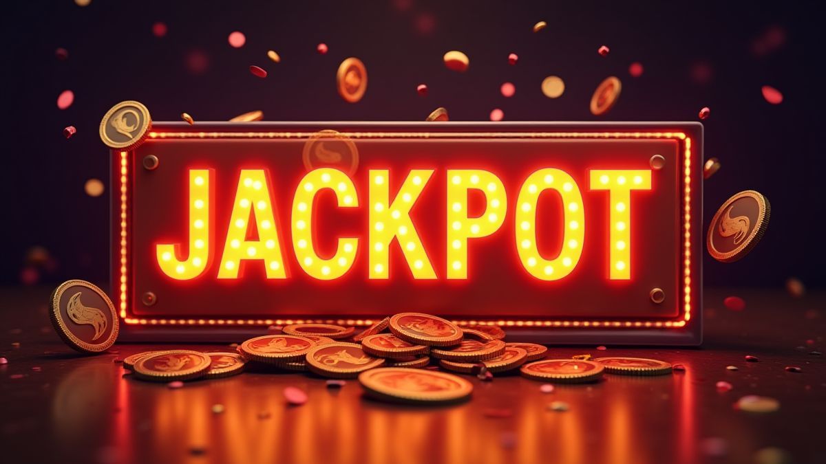Señal de jackpot rodeada de monedas y confeti