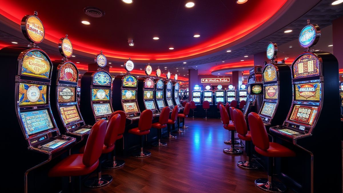 Een retro casino met verlichte gokkasten en zachte verlichting.