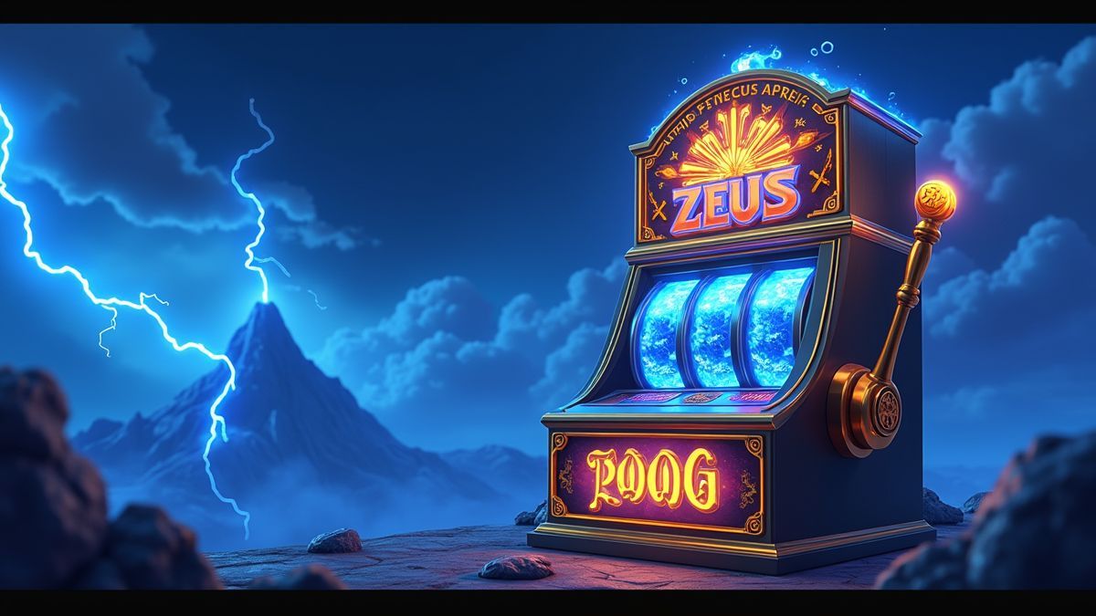 Animated Zeus-themed slot machine with blue thunderbolts filling a jackpot meter
