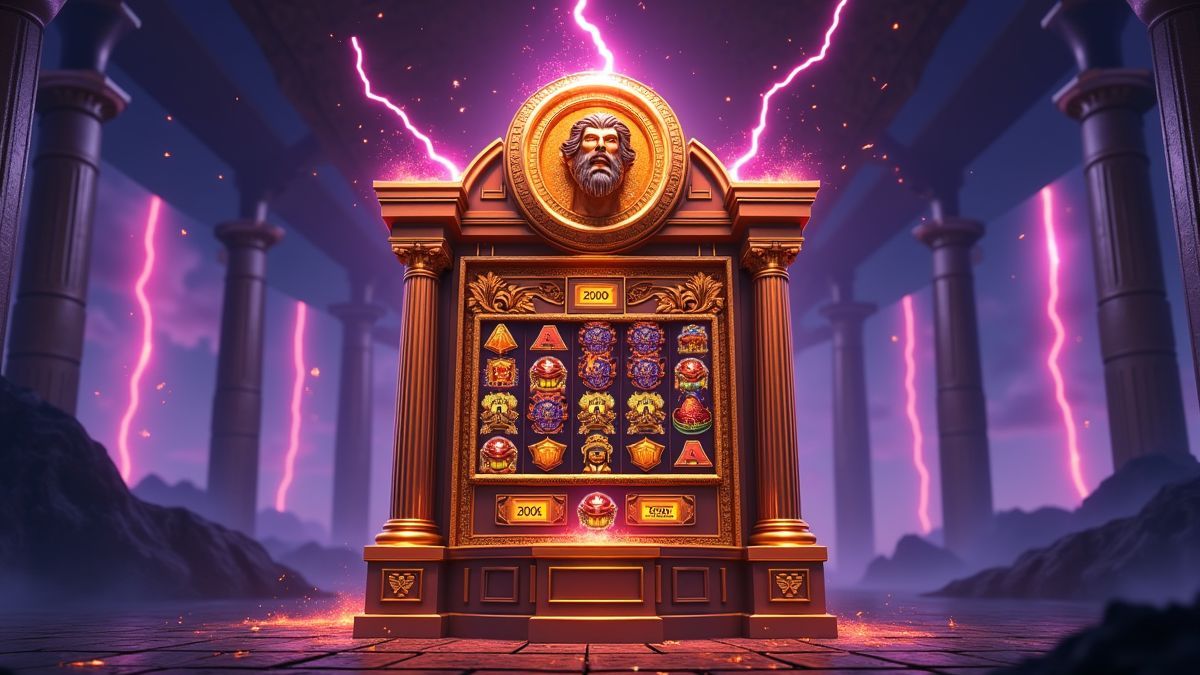 Animated Zeus slot cabinet surrounded by lightning and cascading reel effects