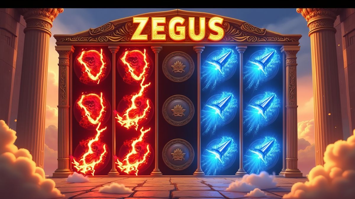 Animated Zeus slot machine with expanding reels and colorful lightning powers