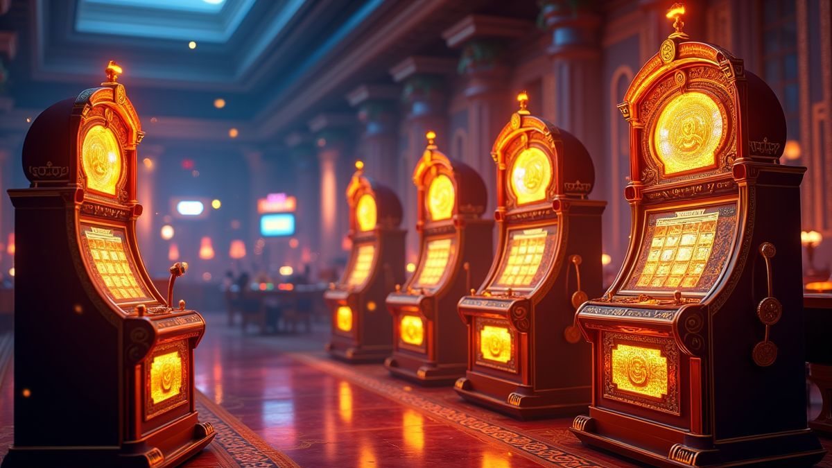 Animated mythological slot machines connected in a glowing progressive jackpot network