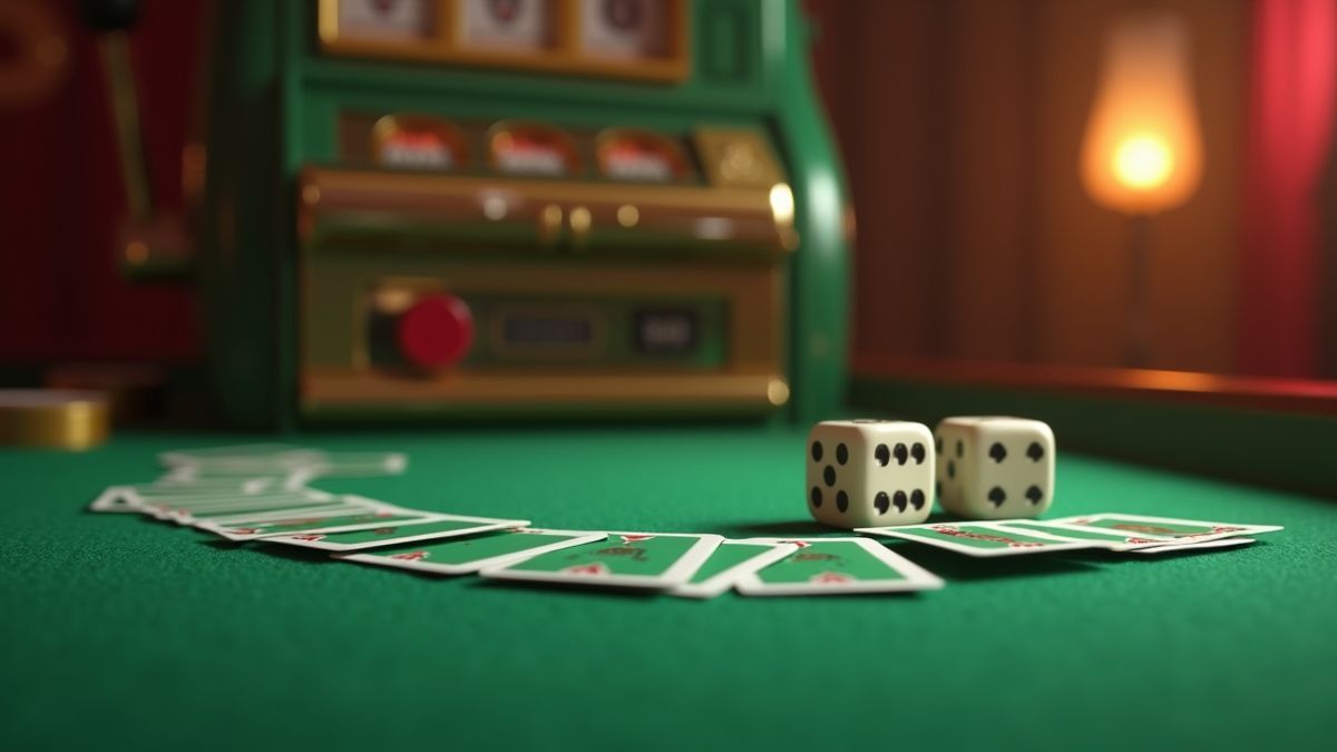 Selección de cartas misteriosas junto a dados en una máquina tragaperras animada
