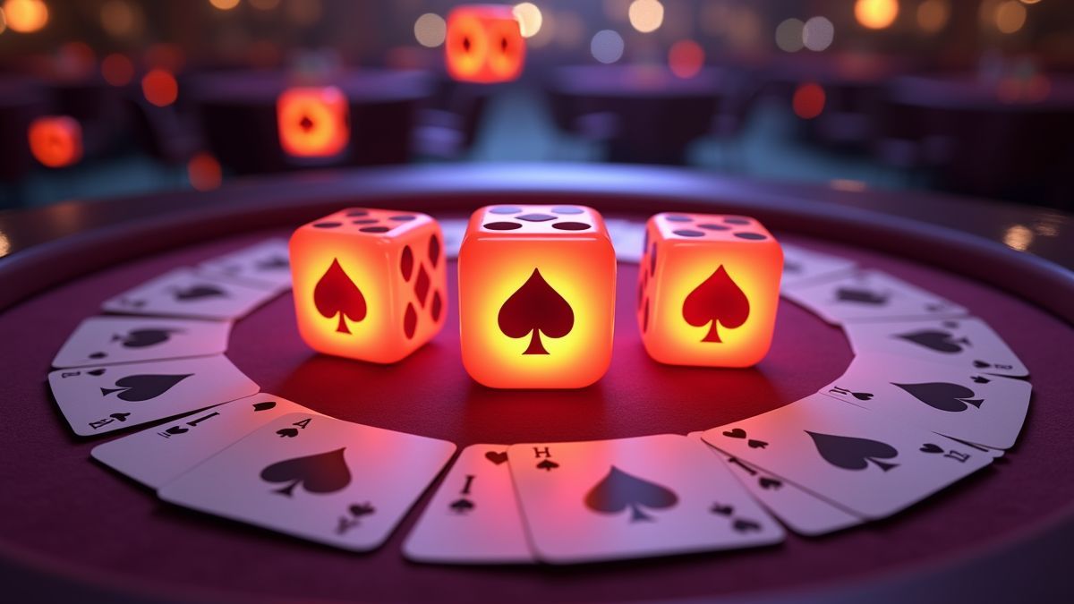 Cartas de jackpot boca abajo junto a una máquina tragaperras Dice animada
