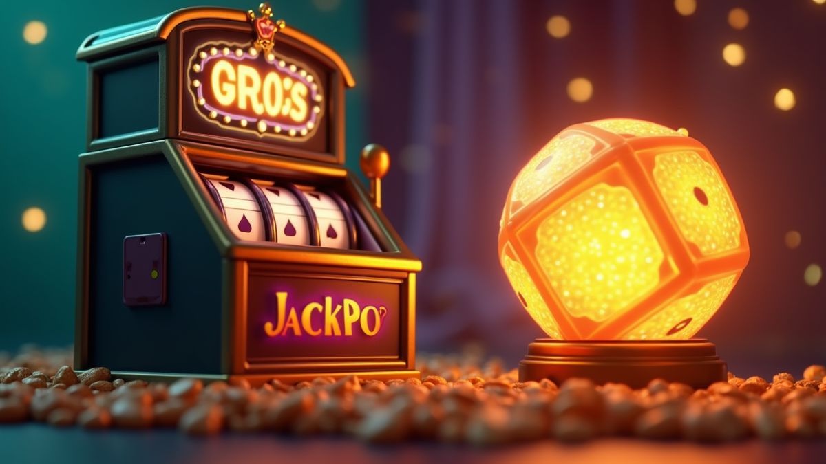 Animated dice slot cabinet beside a glowing jackpot orb