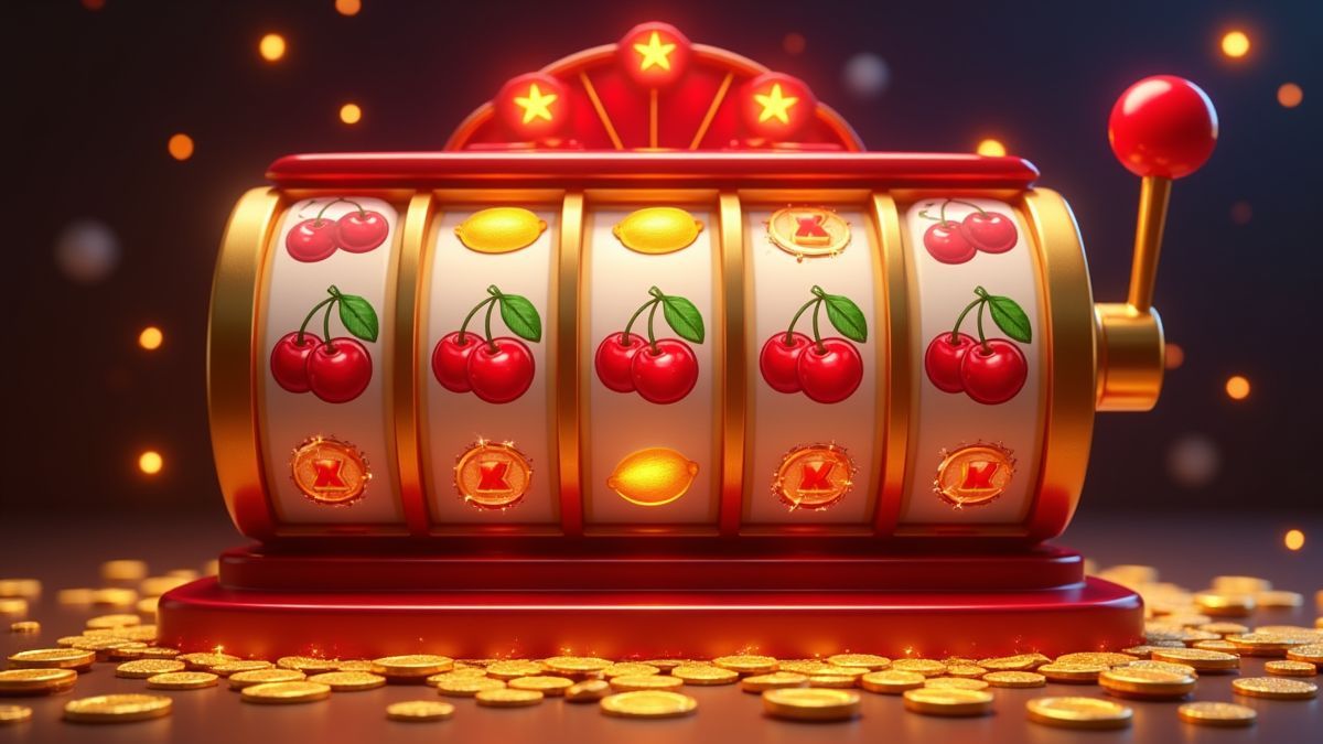 Animated classic fruit slot machine with gold coins beneath a starry sky