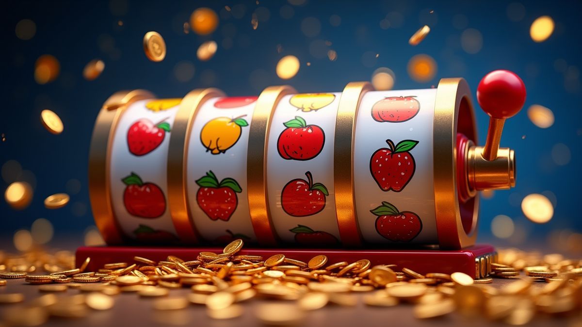 Classic progressive fruit slot with coins splashing across a starry backdrop