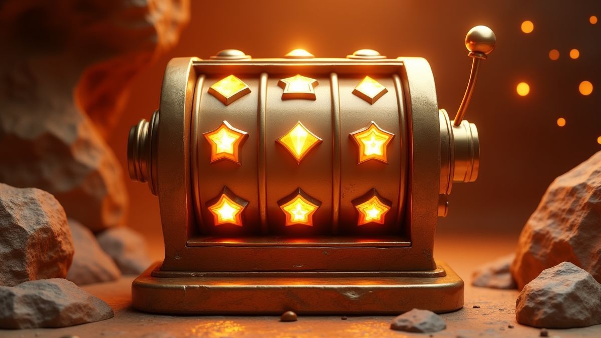 Geanimeerde prehistorische bronzen slotmachine met gloeiende sterren