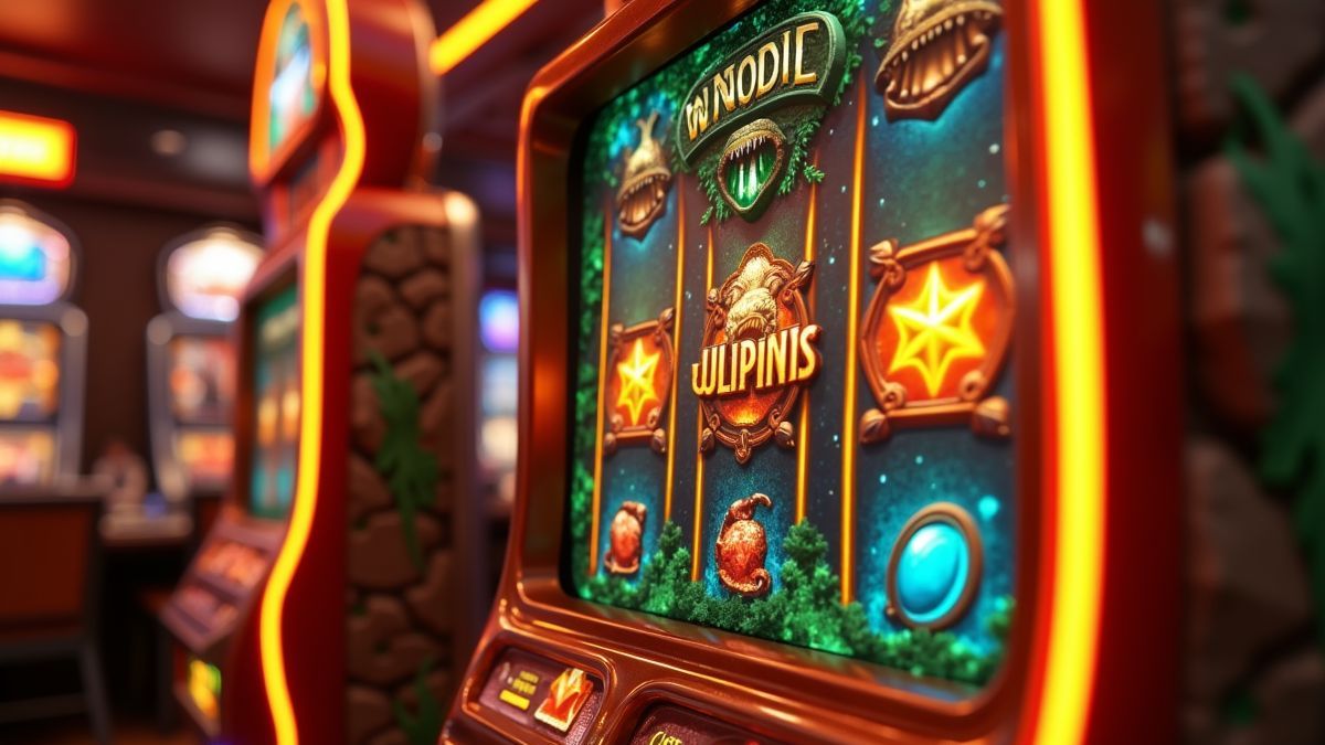 Prehistoric-themed animated slot cabinet with casino lighting