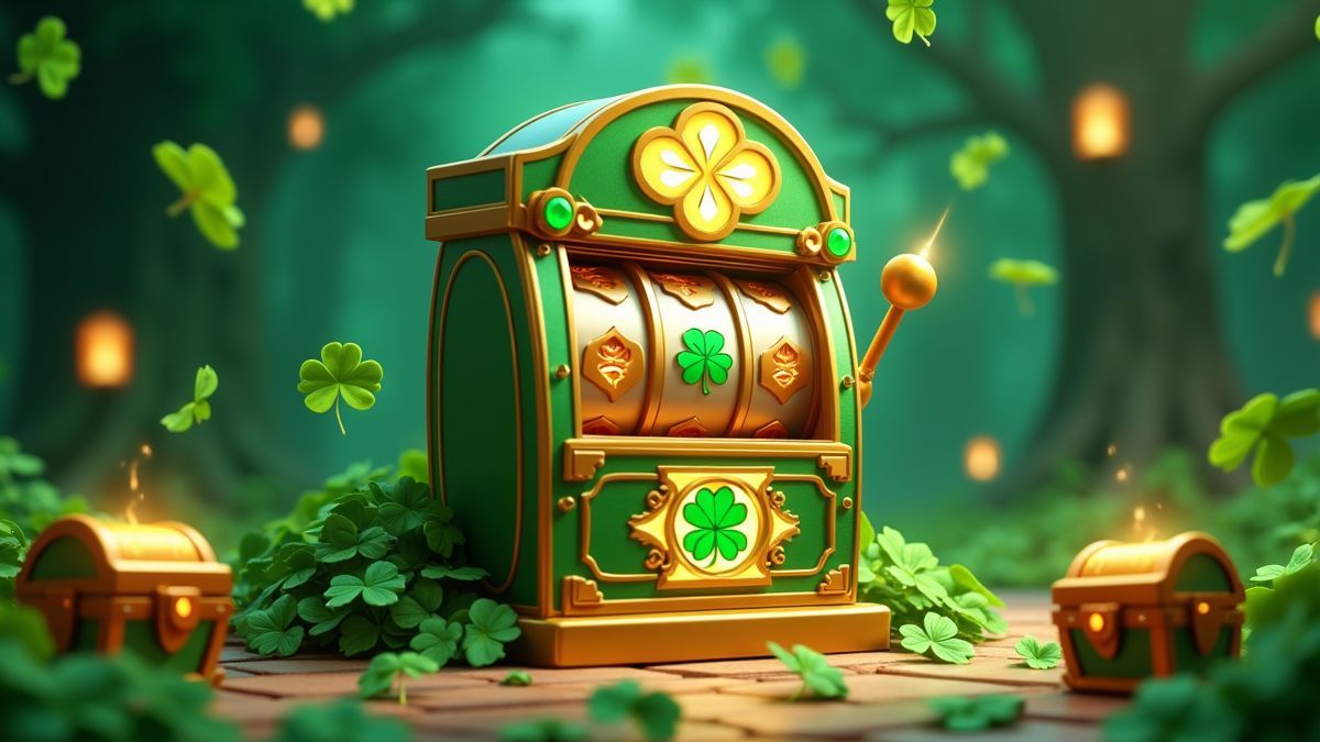 Geanimeerde klaverthema-slotmachine omringd door schatkisten en gloeiende parels