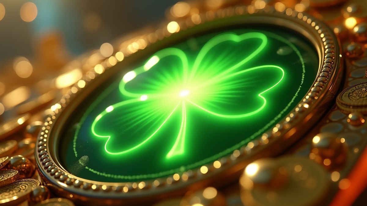 Gloeiende groen-gouden klaverslotmachine met parels en jackpotlicht