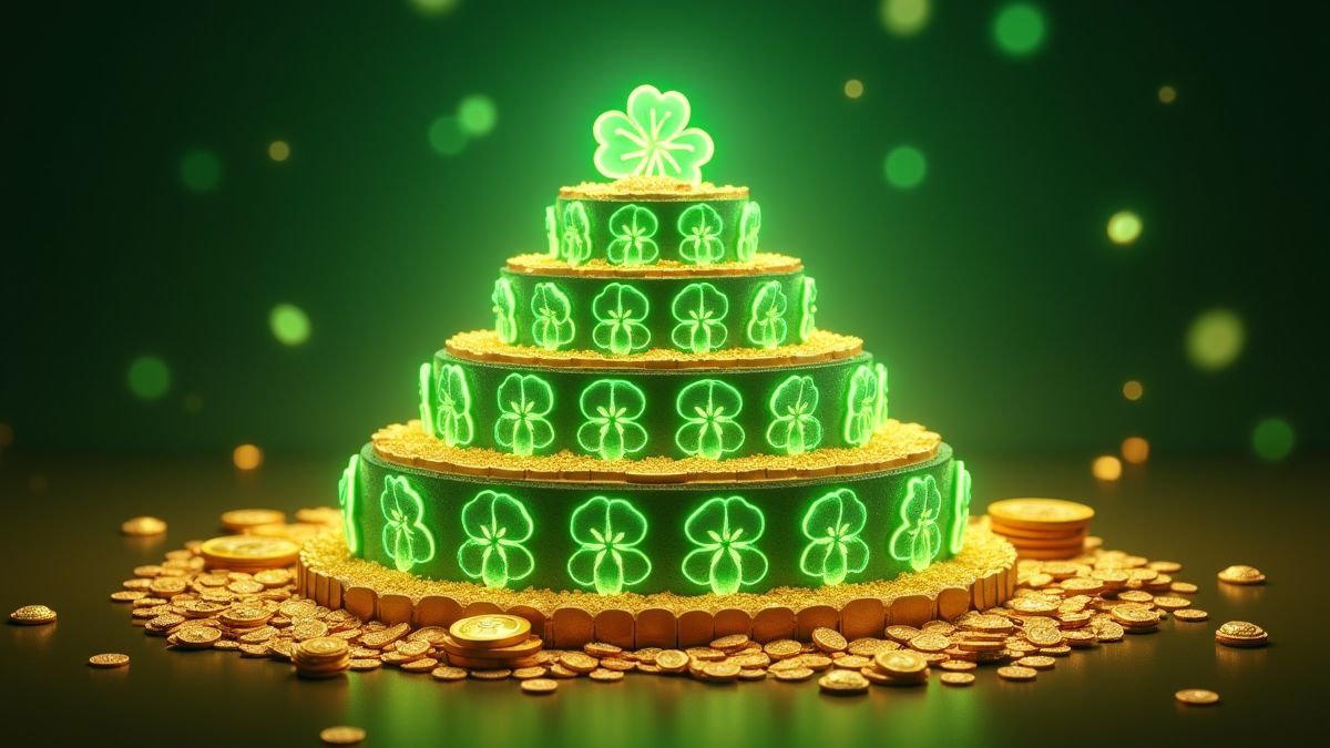 Animated slot machine surrounded by glowing Clover Chance jackpot tiers