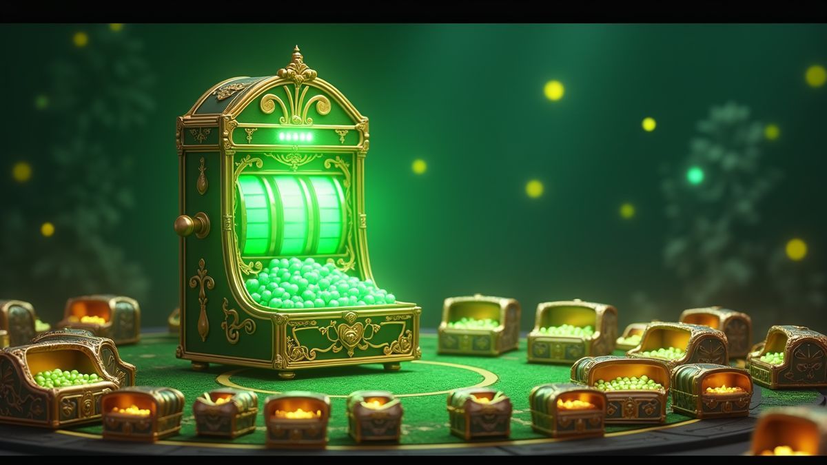 Animierter grüner Spielautomaten und Schatztruhen mit leuchtenden Perlen