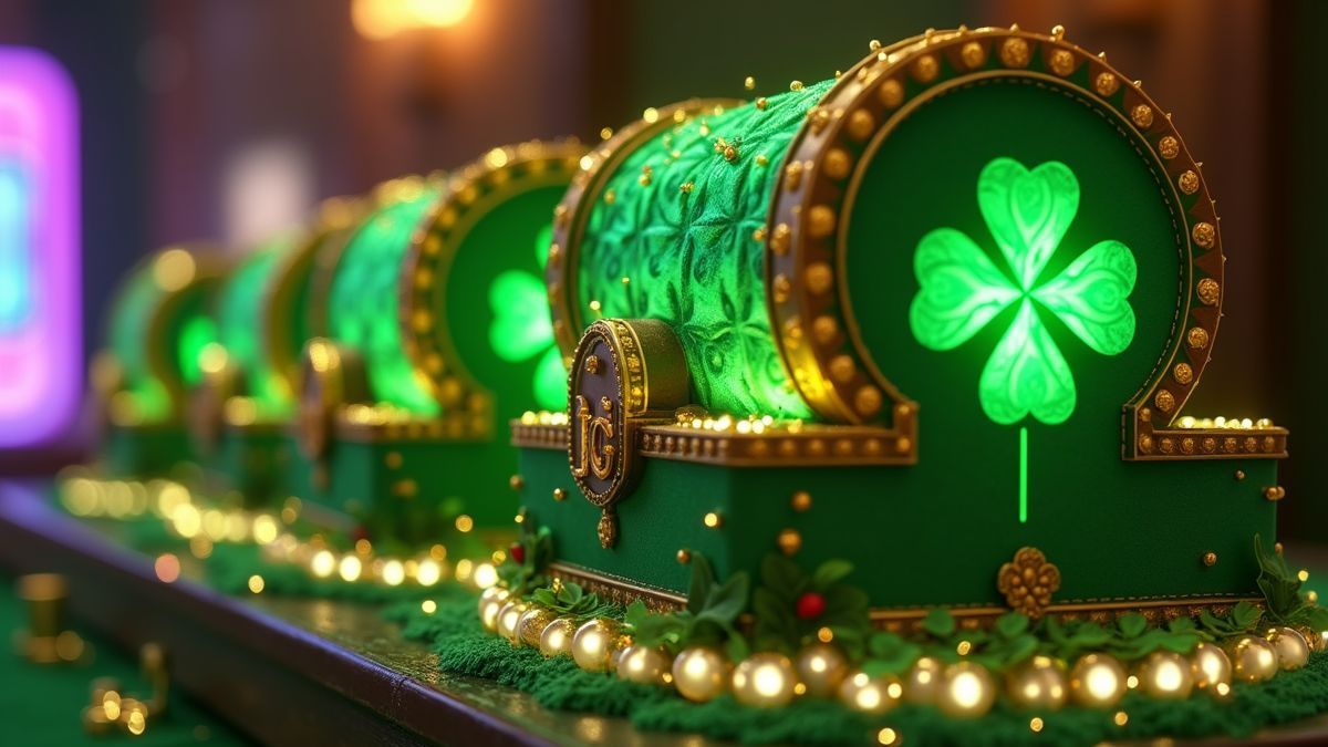 Grünem Kleeblatt gewidmeter Spielautomat mit leuchtenden Jackpot-Schatztruhen