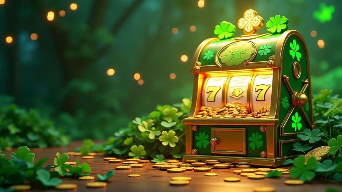 Animierter grüner und goldener Spielautomaten umgeben von Kleeblättern und Schatztruhen