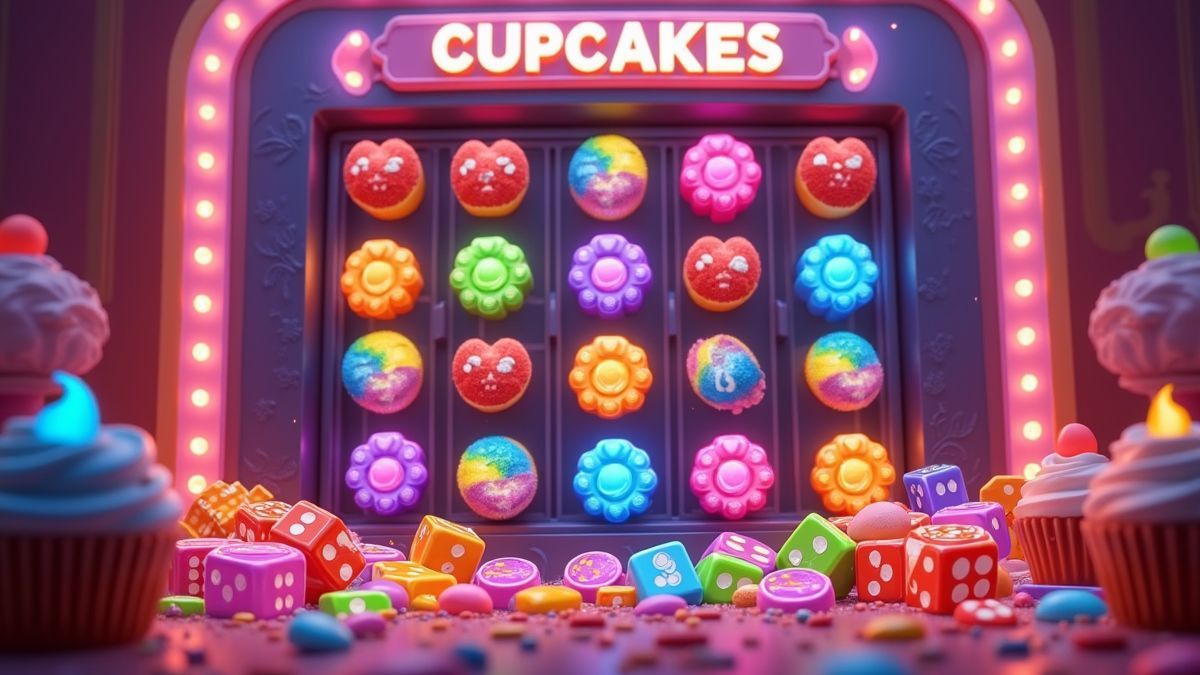 Animated Cupcake Rainbow DiceCascade slot grid with cascading candy symbols