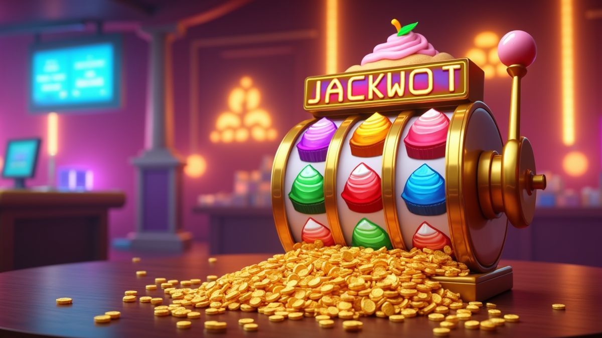 Animated Cupcake Rainbow DiceCascade machine with golden tickets and jackpot glow